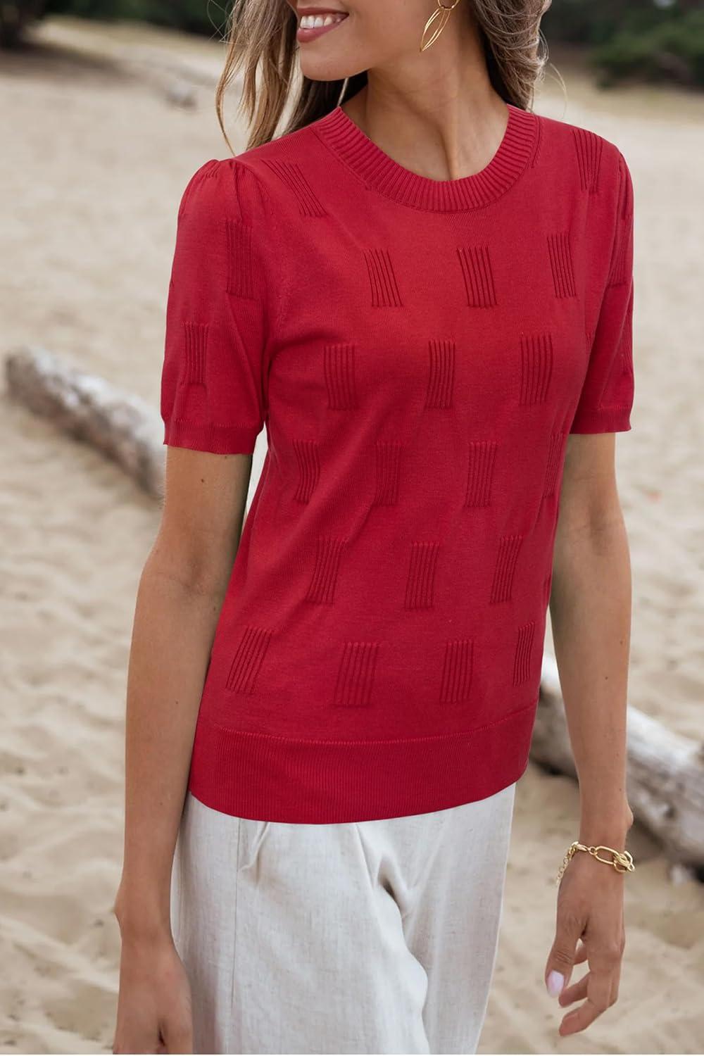 image:imageArachampCloz Womens Lightweight Blouse Short Sleeve Crew Neck Sweaters Business Casual Tops Spring Summer Outfits 2026Red