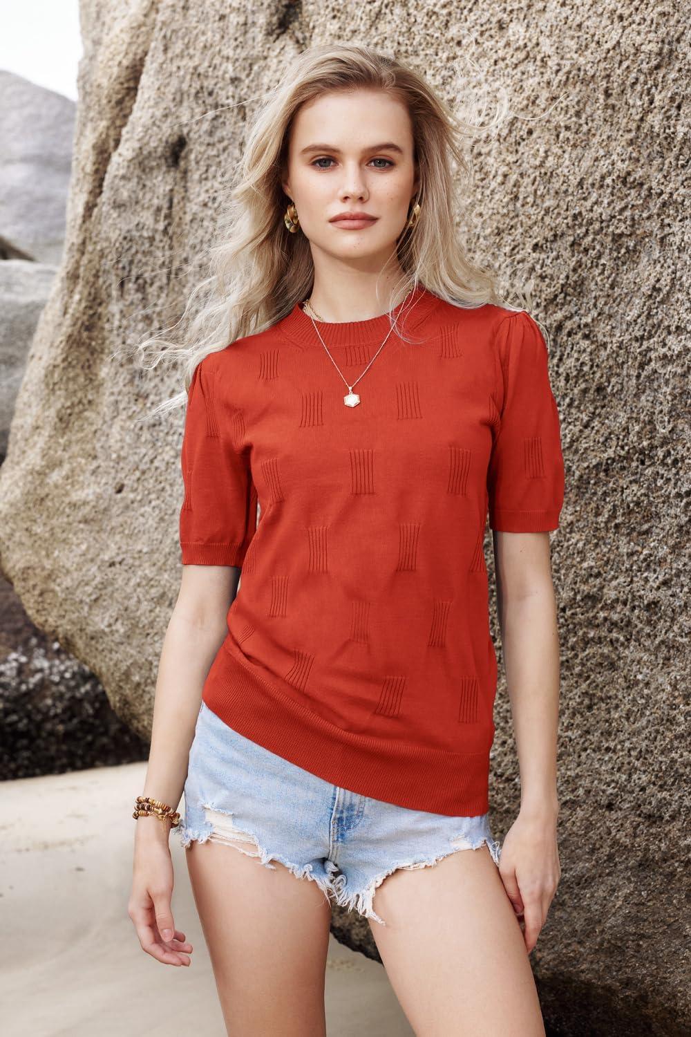 image:imageArachampCloz Womens Lightweight Blouse Short Sleeve Crew Neck Sweaters Business Casual Tops Spring Summer Outfits 2026Rust