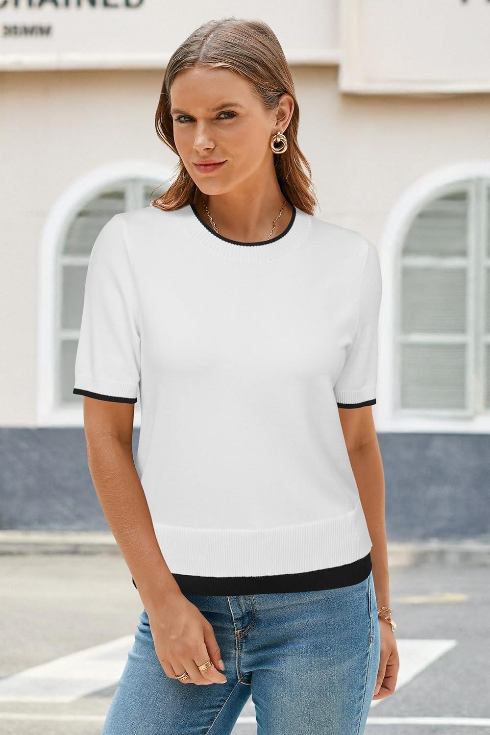 image:imageArachampCloz Womens Lightweight Blouse Short Sleeve Crew Neck Sweaters Business Casual Tops Spring Summer Outfits 2026Whiteblack