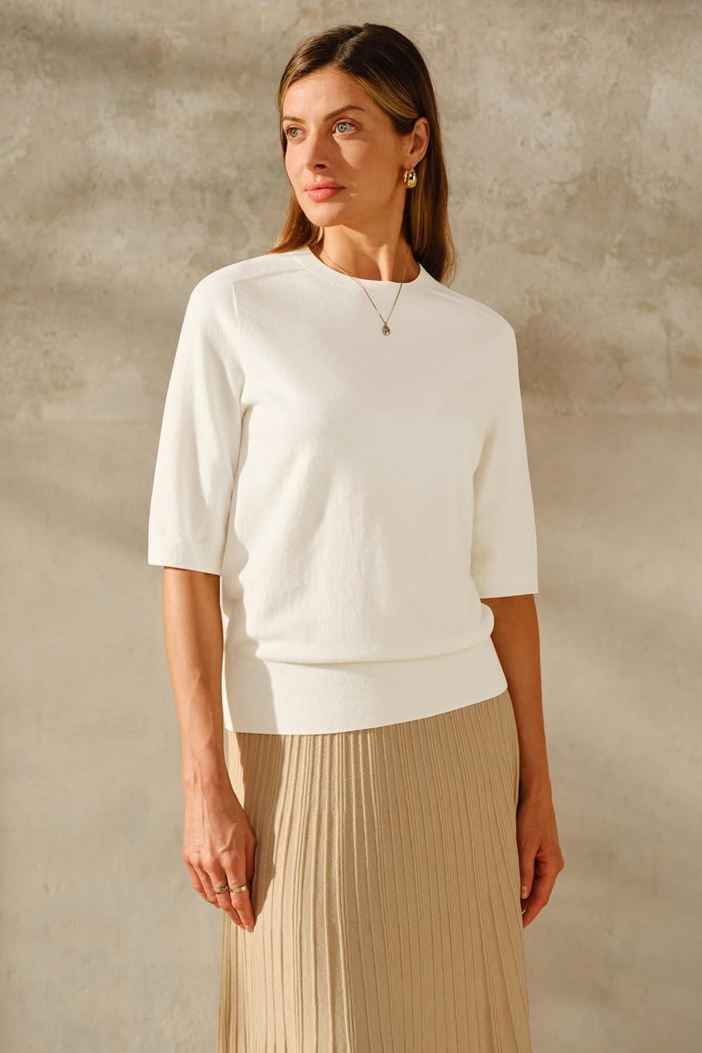 image:imageArachampCloz Womens Lightweight Blouse Short Sleeve Crew Neck Sweaters Business Casual Tops Spring Summer Outfits 2026Zbeige