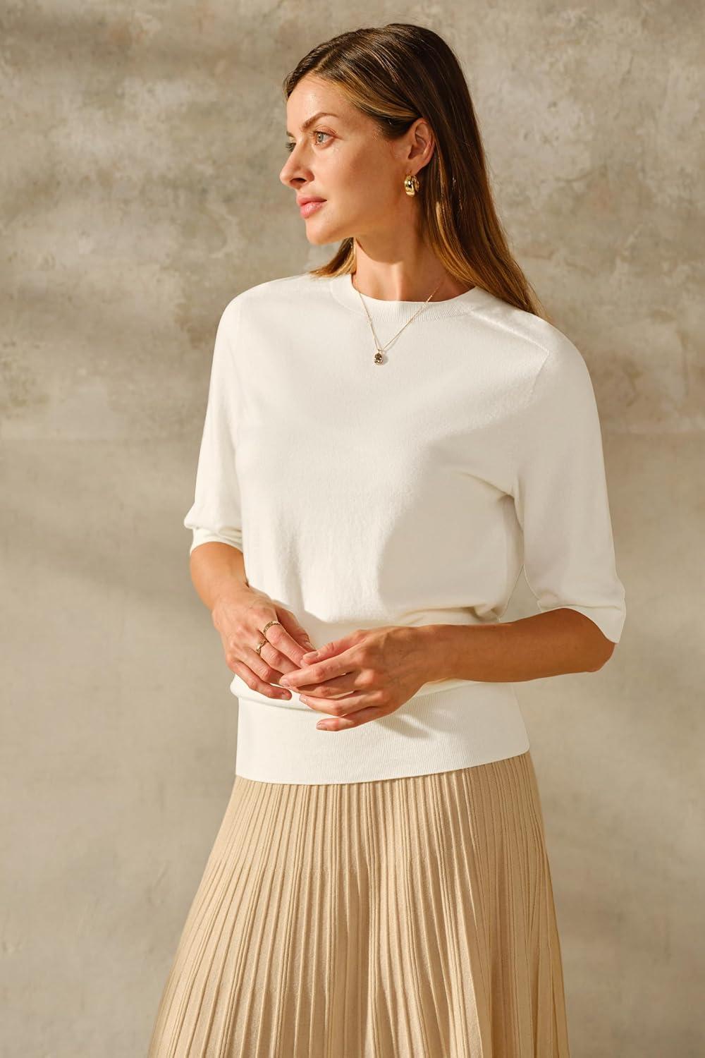 image:imageArachampCloz Womens Lightweight Blouse Short Sleeve Crew Neck Sweaters Business Casual Tops Spring Summer Outfits 2026Zbeige