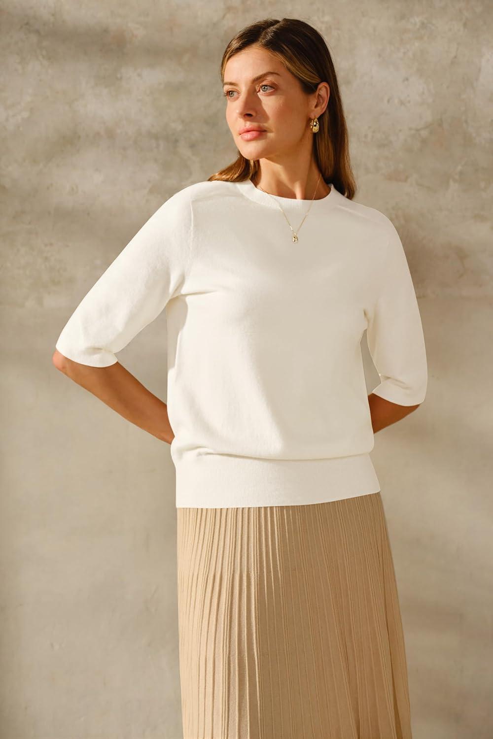 image:imageArachampCloz Womens Lightweight Blouse Short Sleeve Crew Neck Sweaters Business Casual Tops Spring Summer Outfits 2026Zbeige