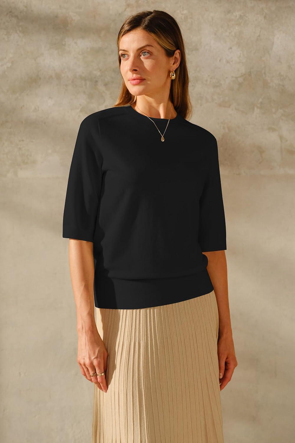 image:imageArachampCloz Womens Lightweight Blouse Short Sleeve Crew Neck Sweaters Business Casual Tops Spring Summer Outfits 2026Zblack