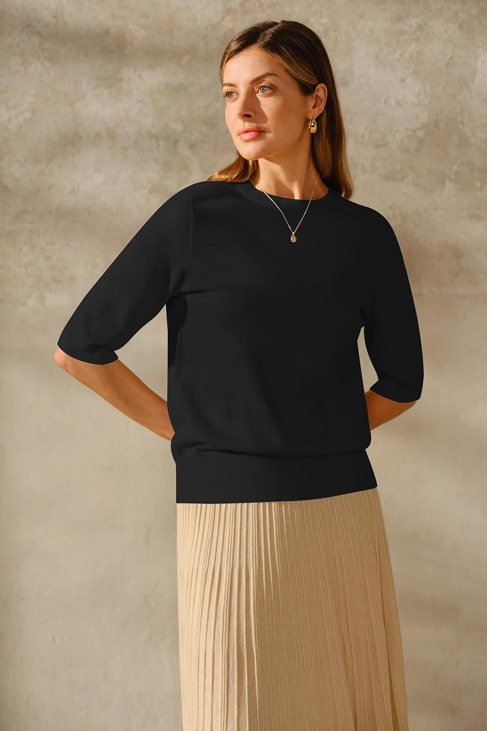 image:imageArachampCloz Womens Lightweight Blouse Short Sleeve Crew Neck Sweaters Business Casual Tops Spring Summer Outfits 2026Zblack