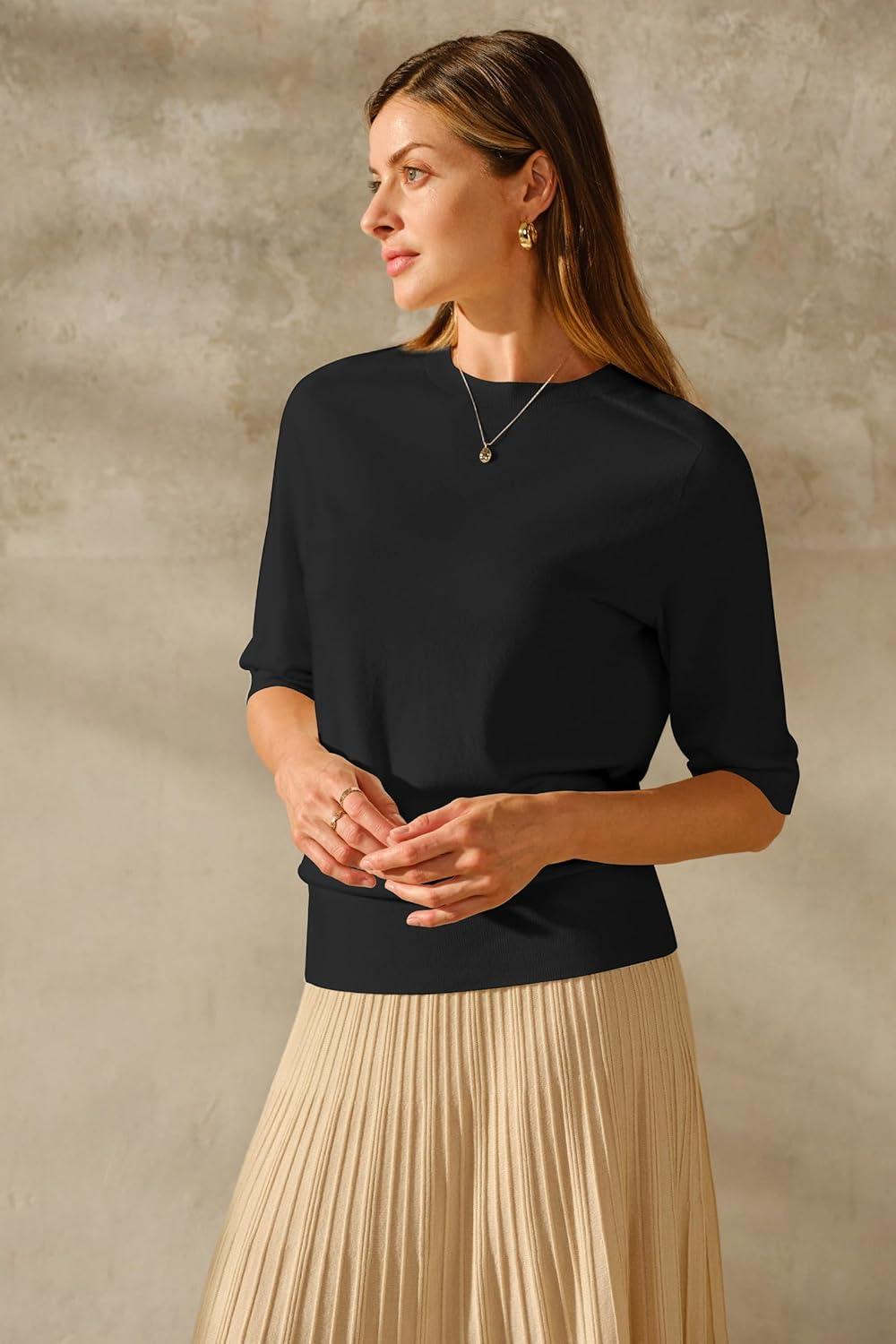 image:imageArachampCloz Womens Lightweight Blouse Short Sleeve Crew Neck Sweaters Business Casual Tops Spring Summer Outfits 2026Zblack