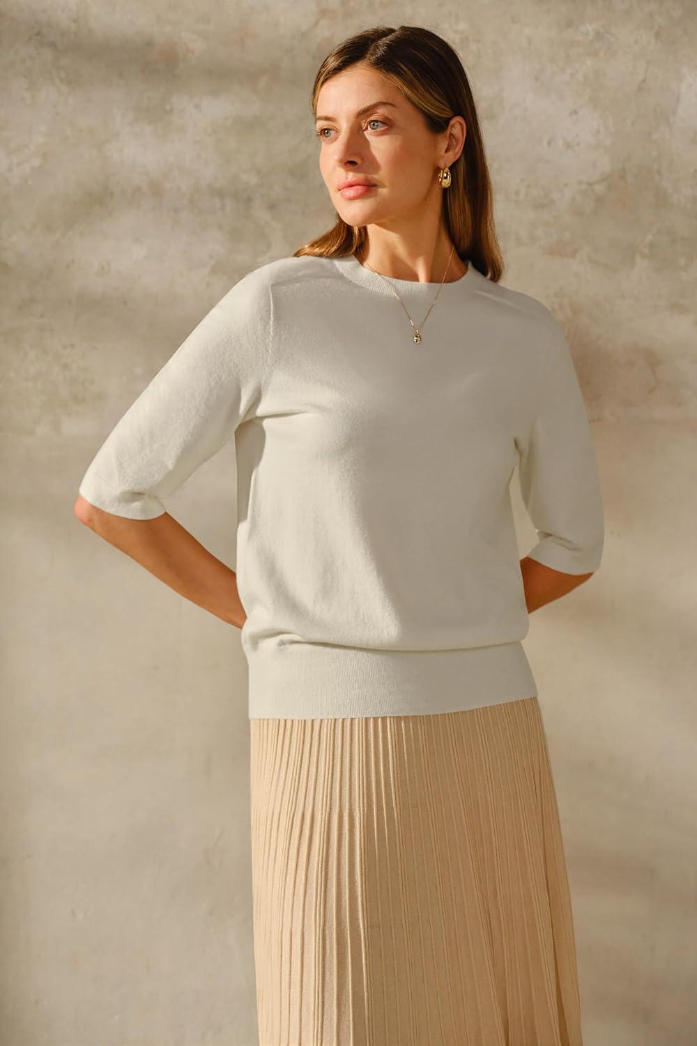 image:imageArachampCloz Womens Lightweight Blouse Short Sleeve Crew Neck Sweaters Business Casual Tops Spring Summer Outfits 2026Zkhaki