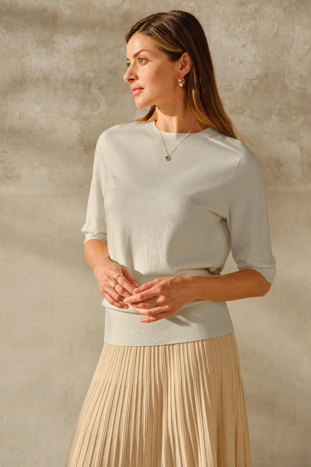 image:imageArachampCloz Womens Lightweight Blouse Short Sleeve Crew Neck Sweaters Business Casual Tops Spring Summer Outfits 2026Zkhaki