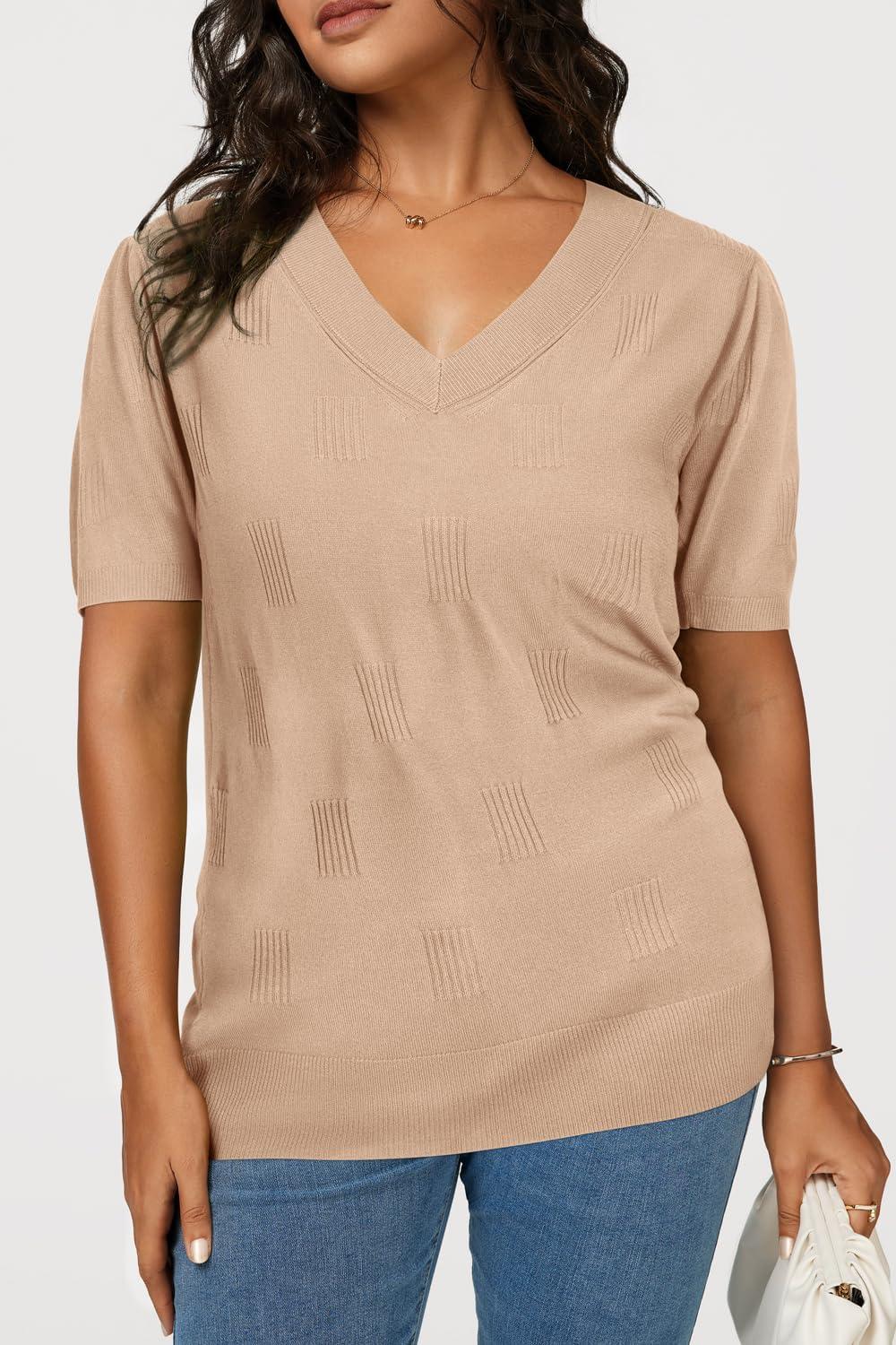 image:imageArachampCloz Womens Lightweight Spring Summer Sweater Tops Casual Short Sleeve Blouses ShirtsAzapricot 02