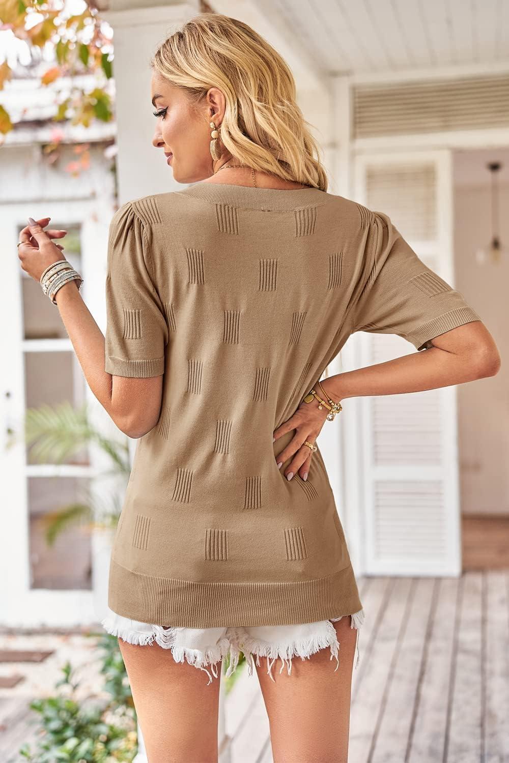 image:imageArachampCloz Womens Lightweight Spring Summer Sweater Tops Casual Short Sleeve Blouses ShirtsAzapricot