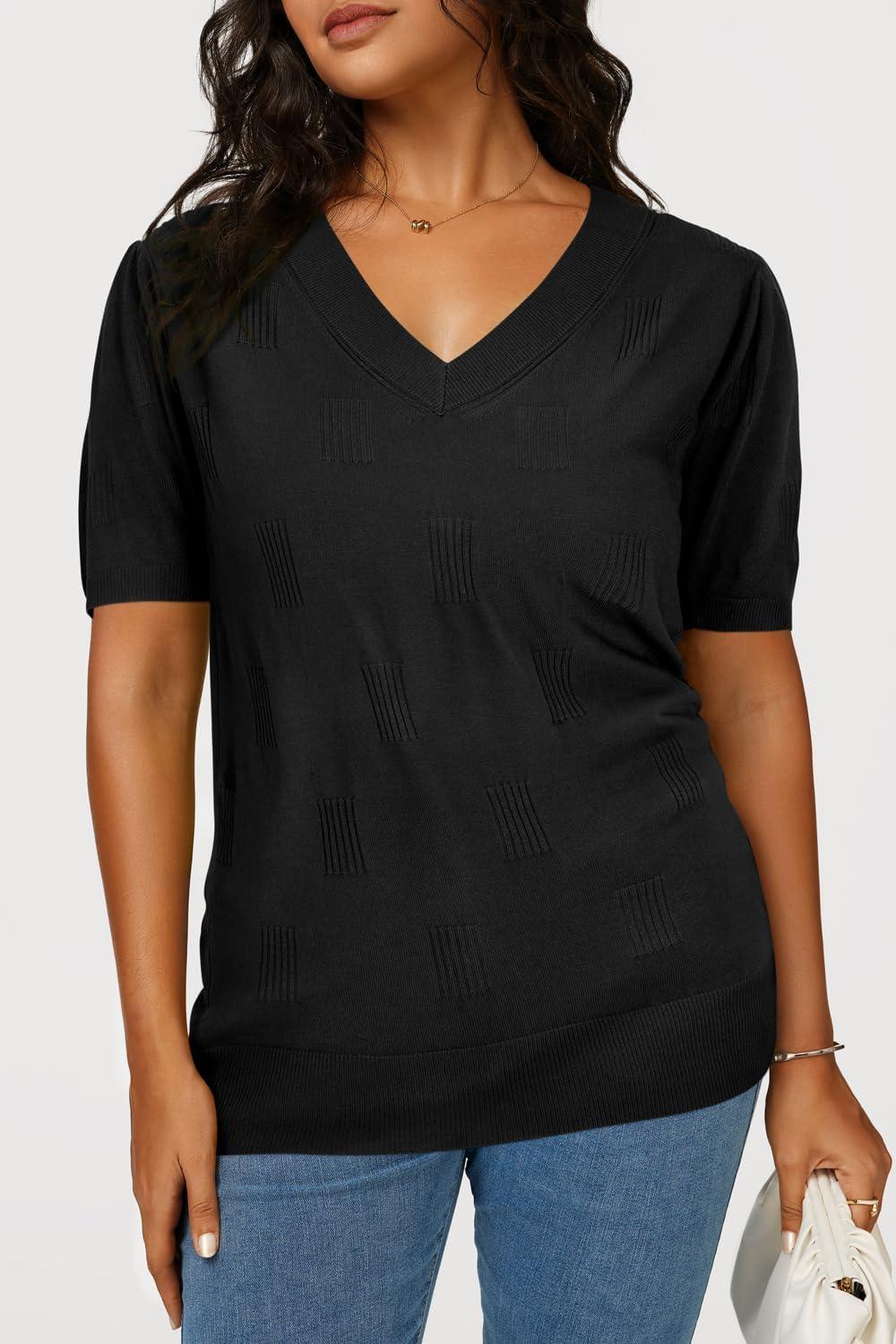 image:imageArachampCloz Womens Lightweight Spring Summer Sweater Tops Casual Short Sleeve Blouses ShirtsAzblack