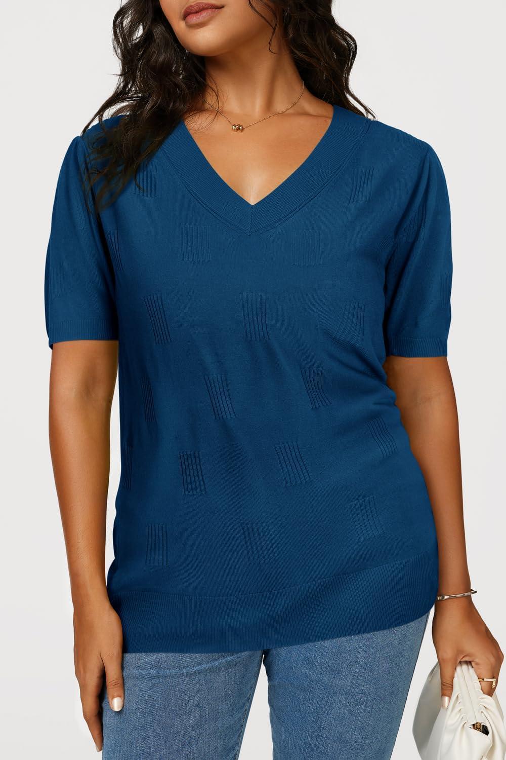 image:imageArachampCloz Womens Lightweight Spring Summer Sweater Tops Casual Short Sleeve Blouses ShirtsAzdark Blue