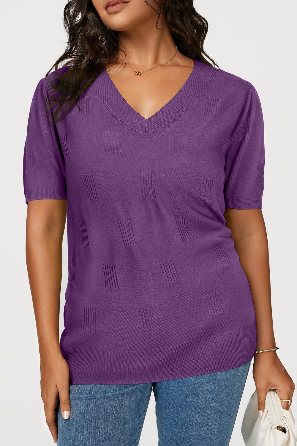 image:imageArachampCloz Womens Lightweight Spring Summer Sweater Tops Casual Short Sleeve Blouses ShirtsAzpurple