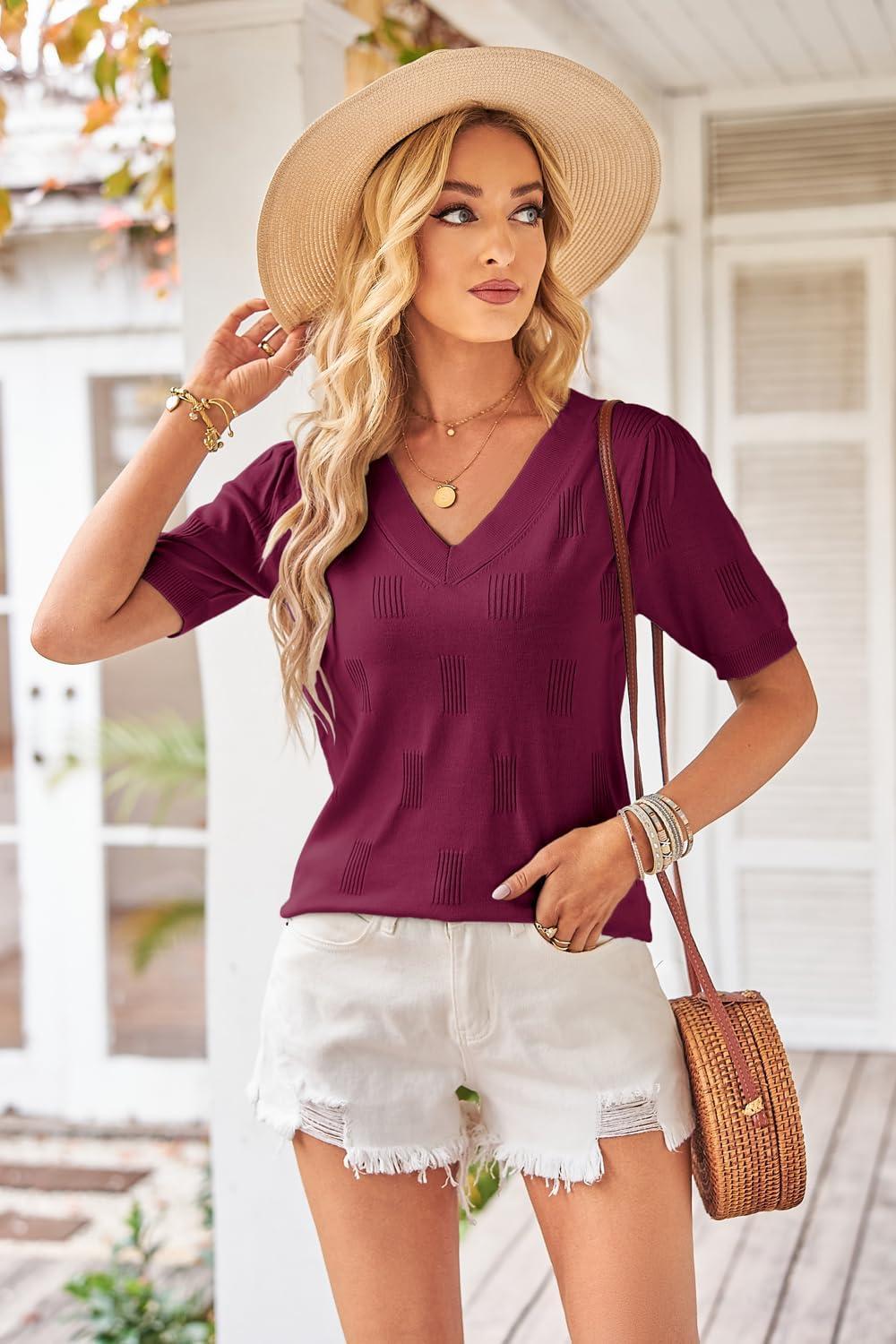 image:imageArachampCloz Womens Lightweight Spring Summer Sweater Tops Casual Short Sleeve Blouses ShirtsAzwine