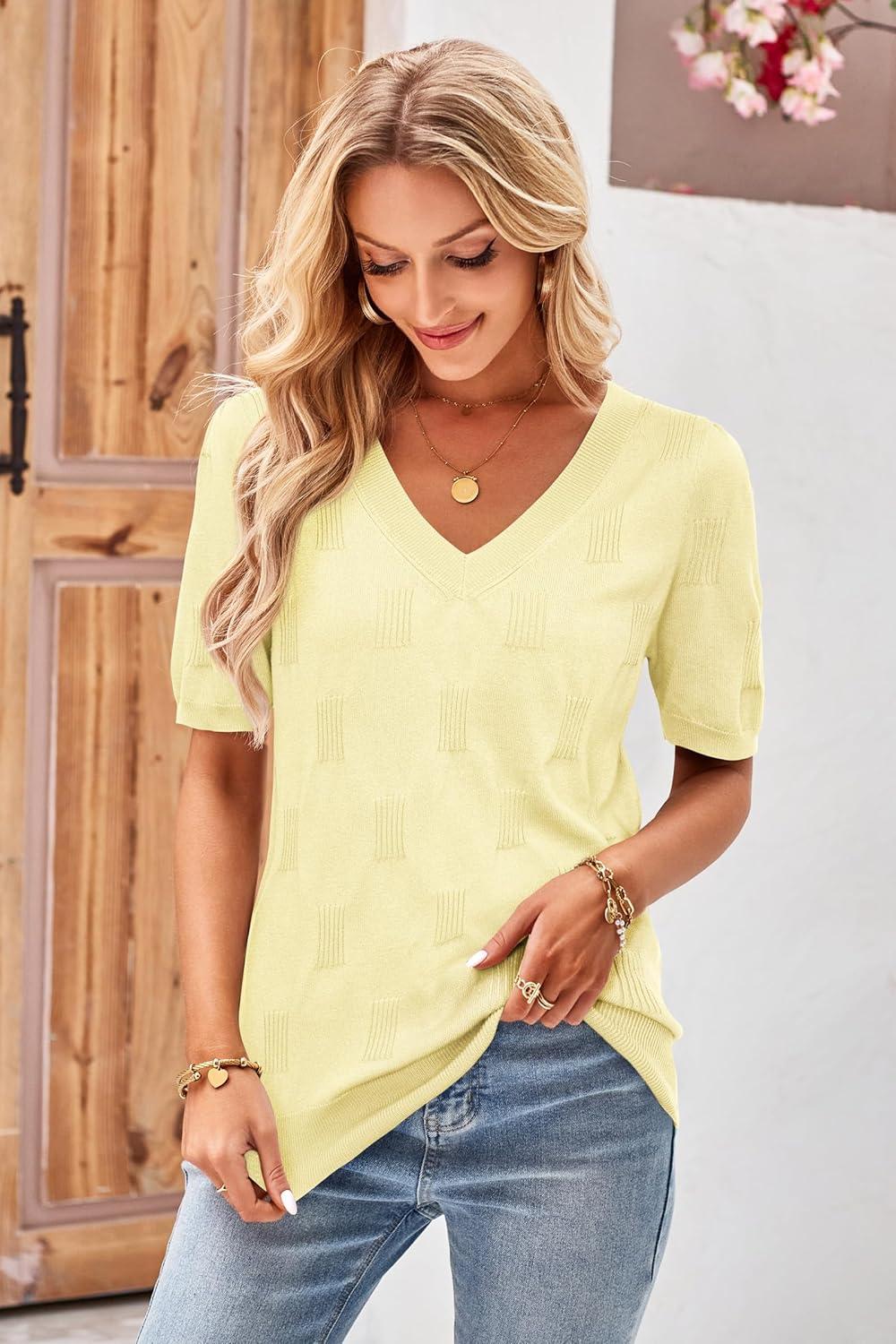image:imageArachampCloz Womens Lightweight Spring Summer Sweater Tops Casual Short Sleeve Blouses ShirtsBlight Yellow