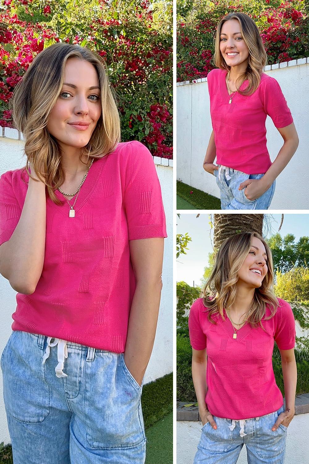 image:imageArachampCloz Womens Lightweight Spring Summer Sweater Tops Casual Short Sleeve Blouses ShirtsHot Pink