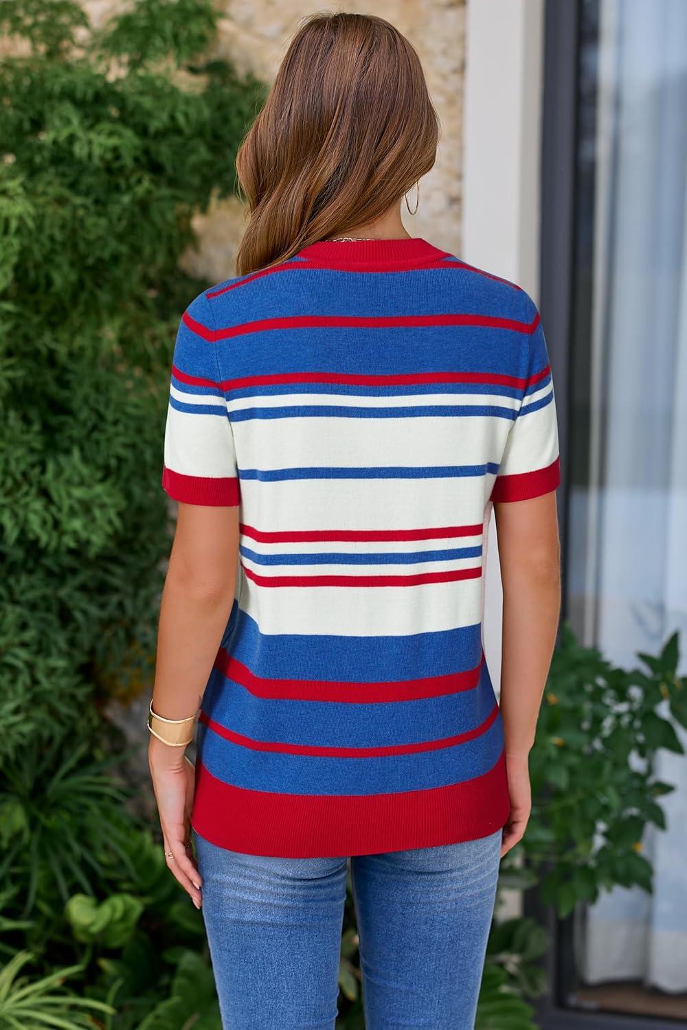 image:imageArachampCloz Womens Lightweight Wool Blend Short Sleeve Sweater Top Business CasualRed White and Blue