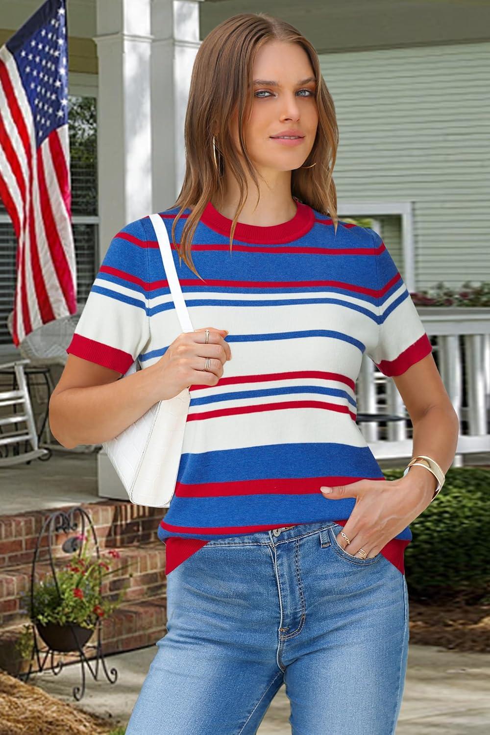 image:imageArachampCloz Womens Lightweight Wool Blend Short Sleeve Sweater Top Business CasualRed White and Blue