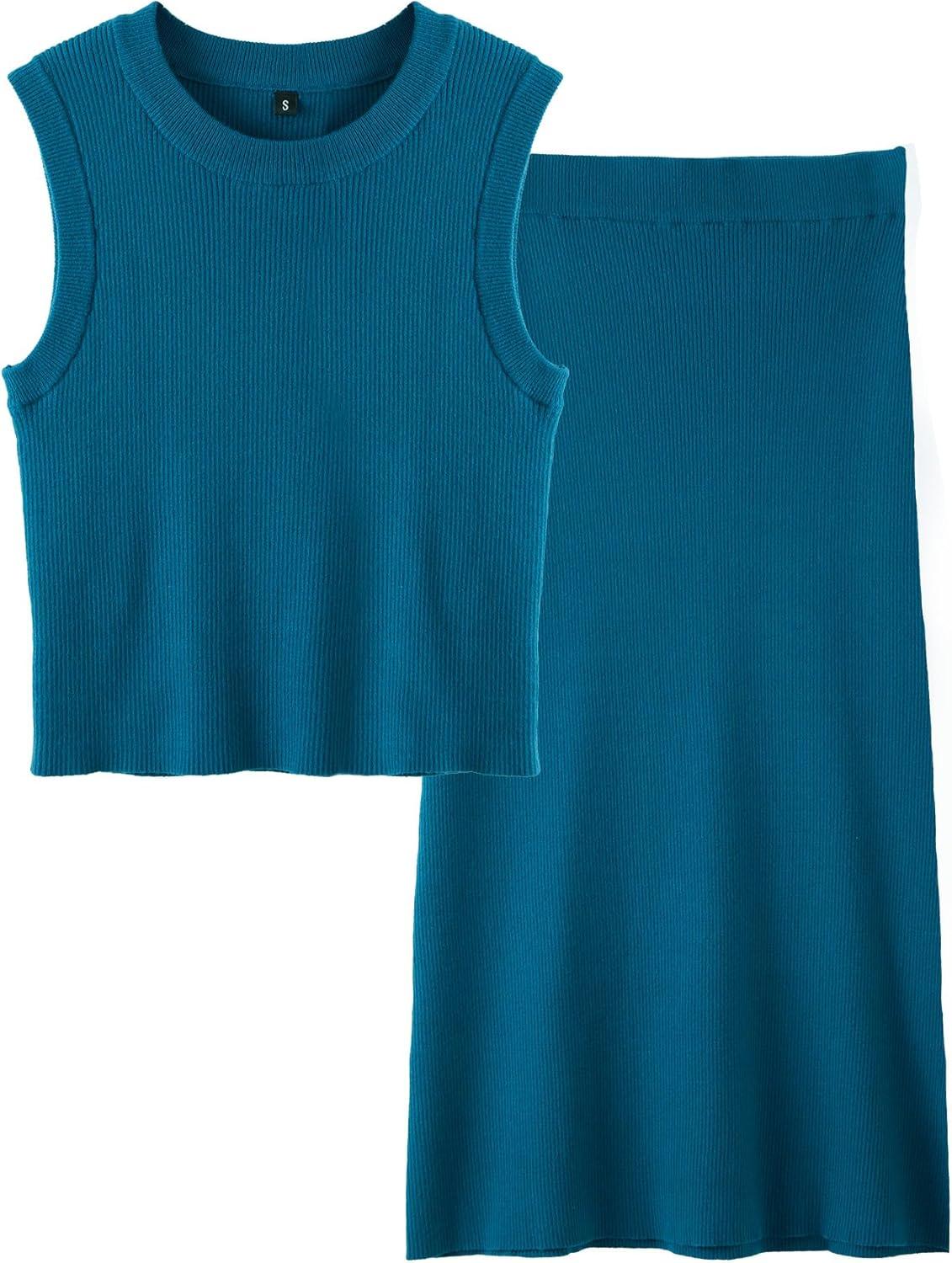 image:imageArachampCloz Womens Non See Through 2 Piece Sets Tank Top and Midi Skirt Knit OutfitsPeacock Blue