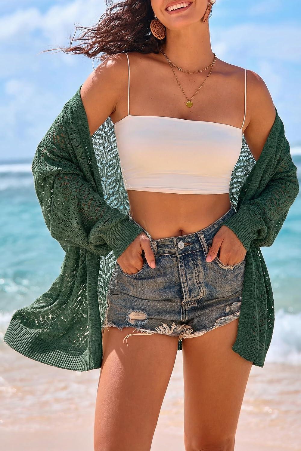 image:imageArachampCloz Womens Oversized Crochet Cover Up Summer Cardigan Lightweight Beach Vacation Kimonos 2026Dark Green