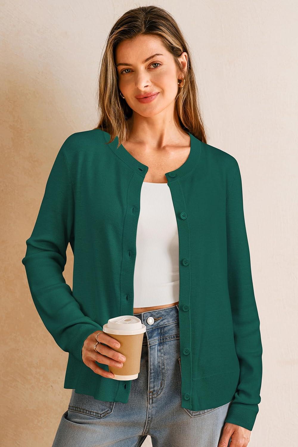 image:imageArachampCloz Womens Wool Blend Lightweight Spring Business Casual Cardigan Sweaters TopsDark Green