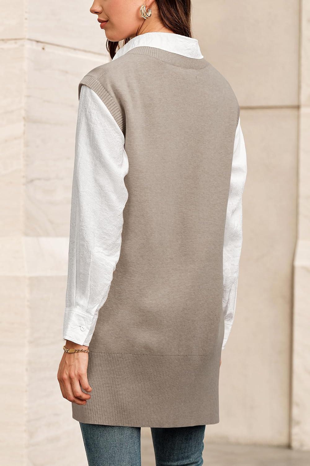 image:imageArachampCloz Womens Wool Blend Side Slit High Low Versatile V Neck Fall Sweater Vests 2025Apricot Oatmeal