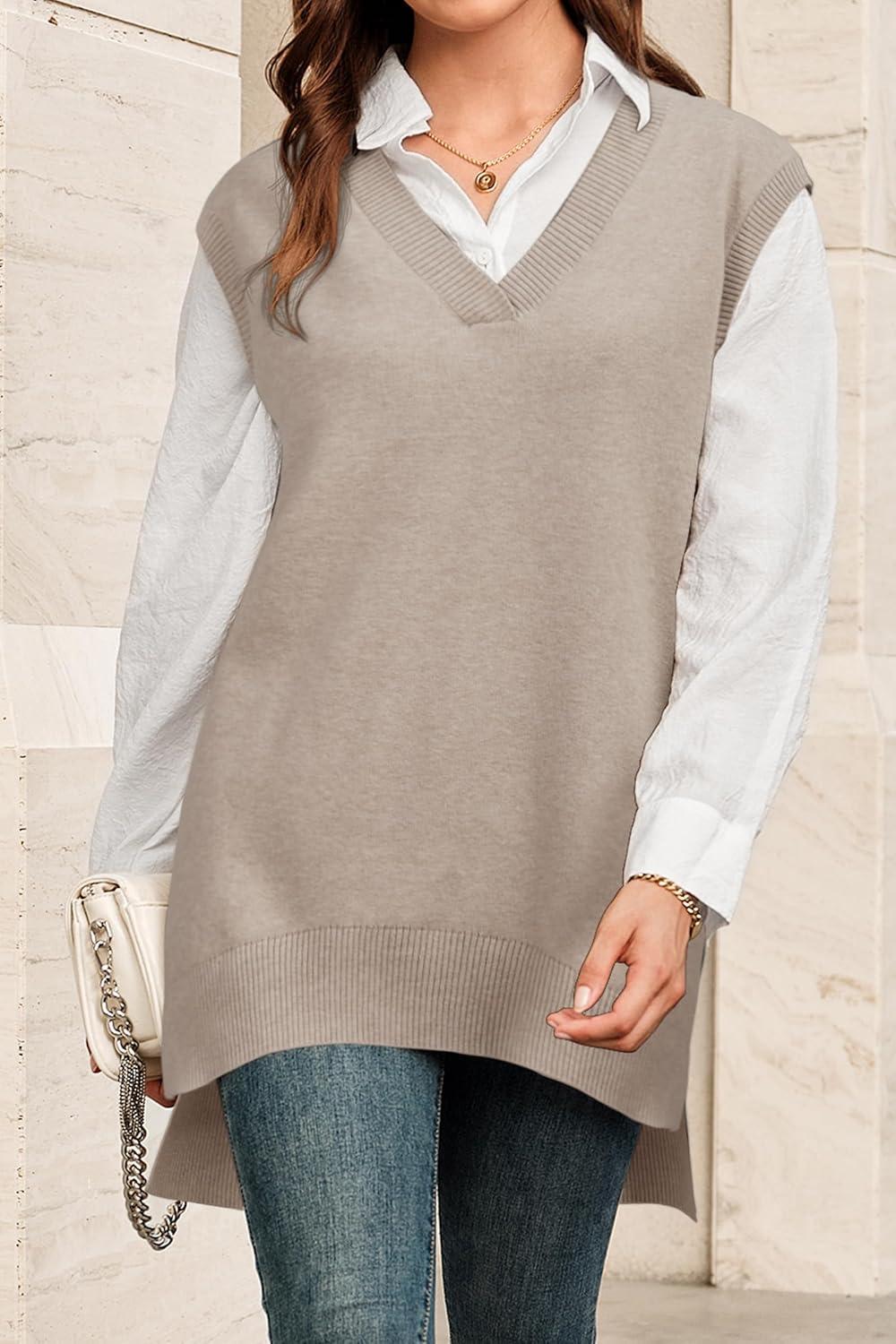 image:imageArachampCloz Womens Wool Blend Side Slit High Low Versatile V Neck Fall Sweater Vests 2025Apricot Oatmeal