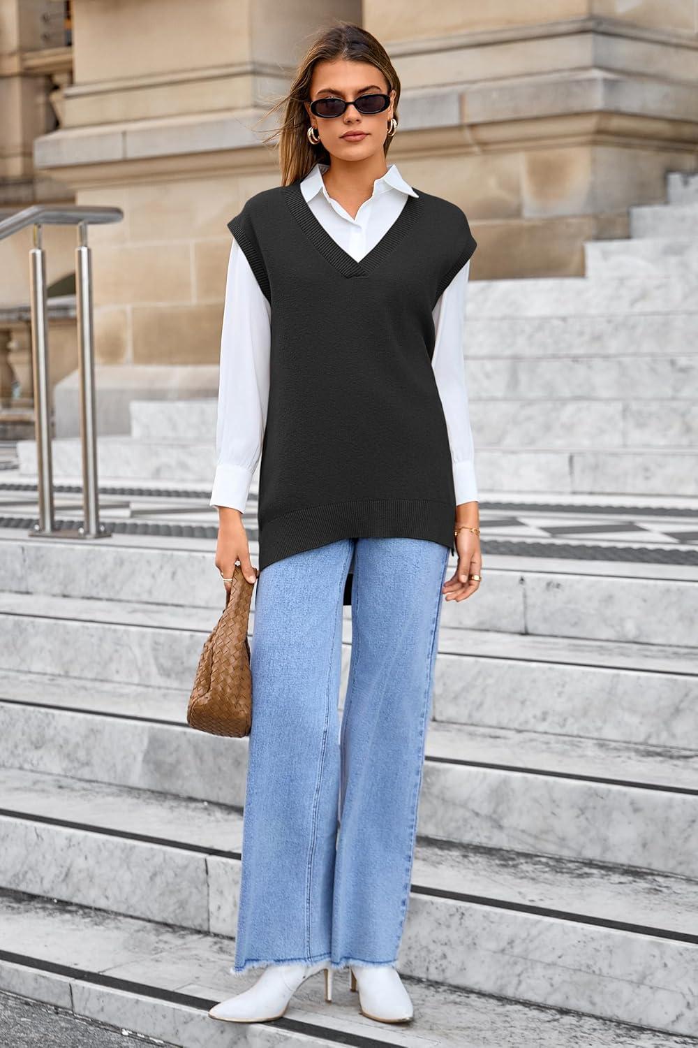 image:imageArachampCloz Womens Wool Blend Side Slit High Low Versatile V Neck Fall Sweater Vests 2025Black