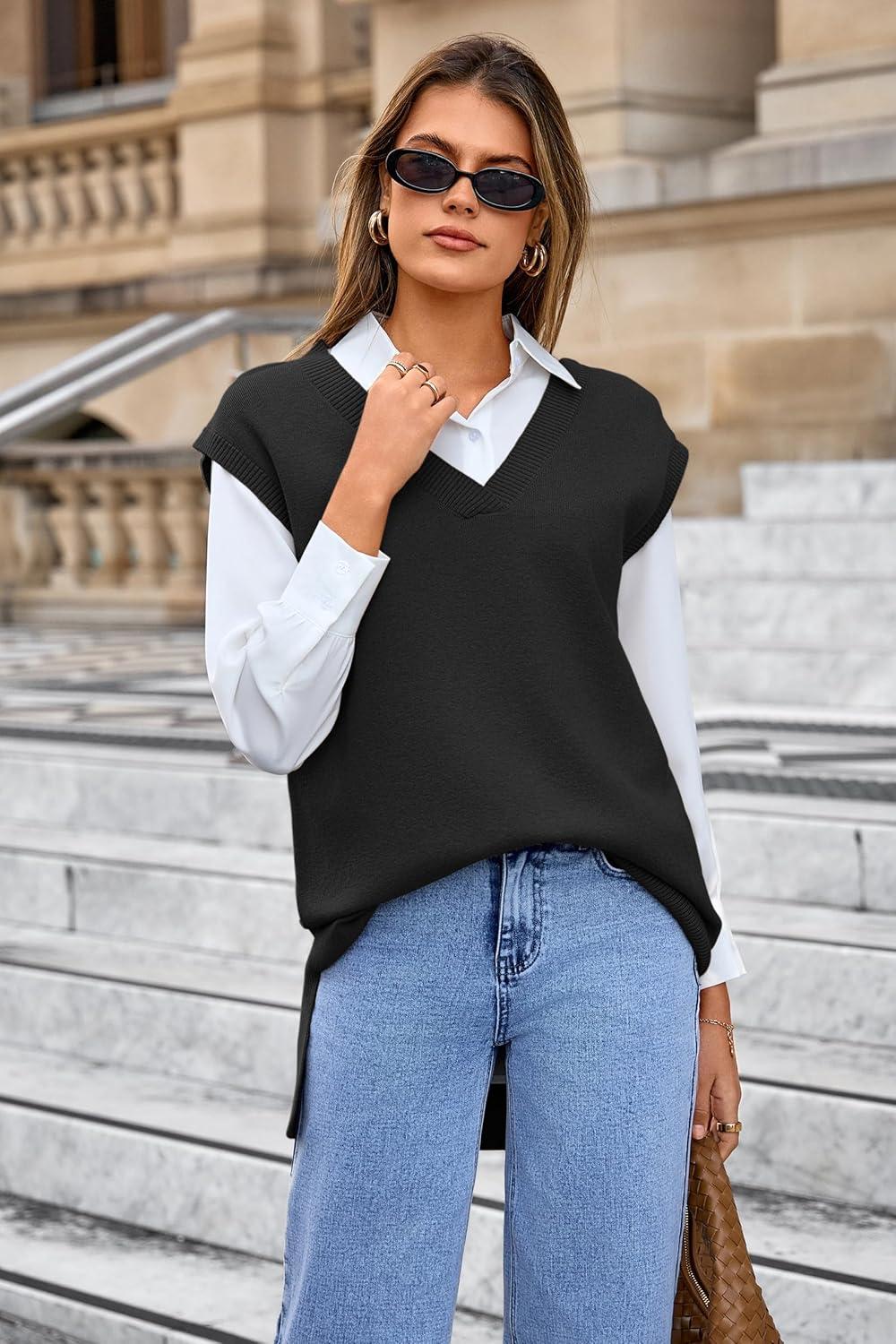 image:imageArachampCloz Womens Wool Blend Side Slit High Low Versatile V Neck Fall Sweater Vests 2025Black