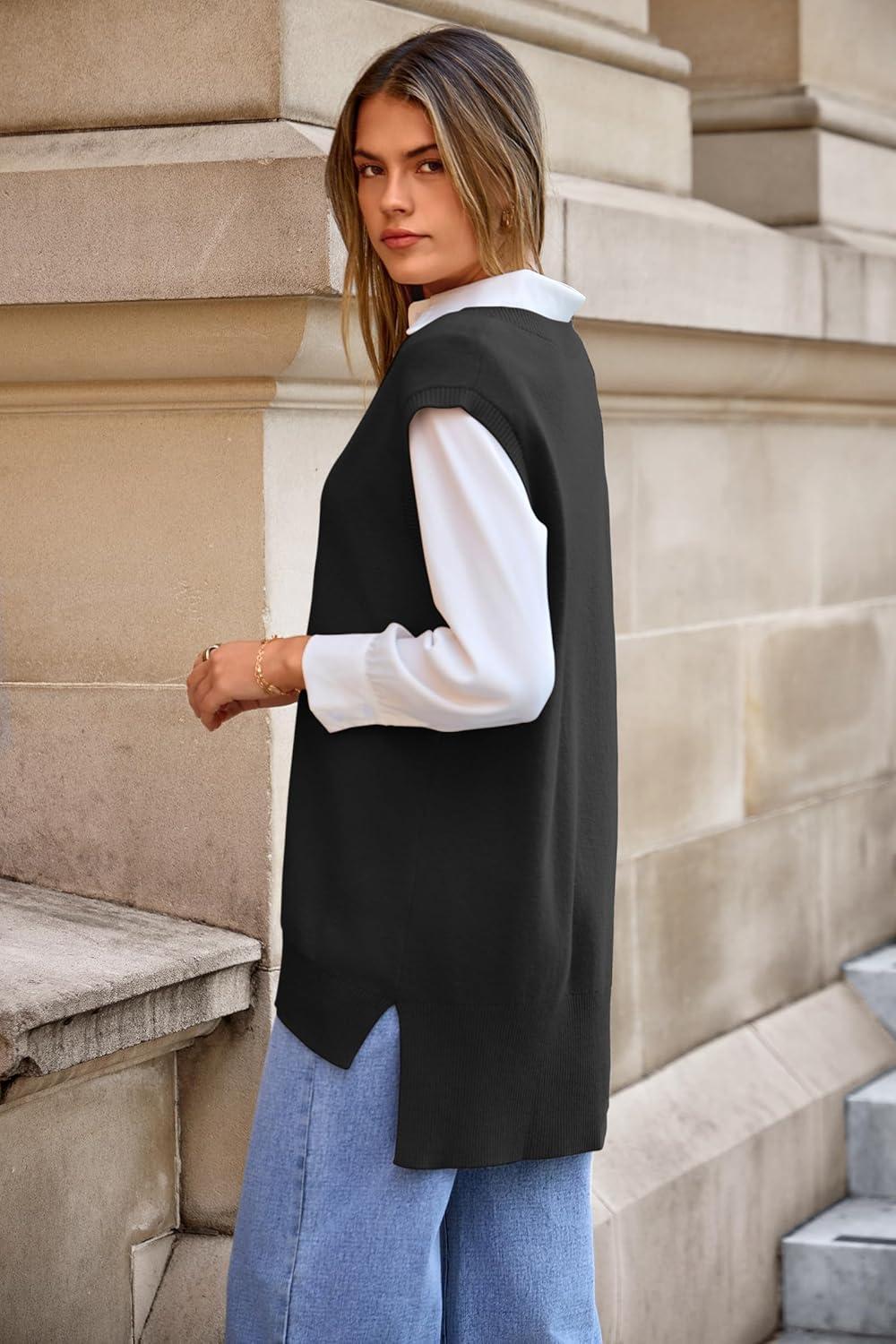 image:imageArachampCloz Womens Wool Blend Side Slit High Low Versatile V Neck Fall Sweater Vests 2025Black