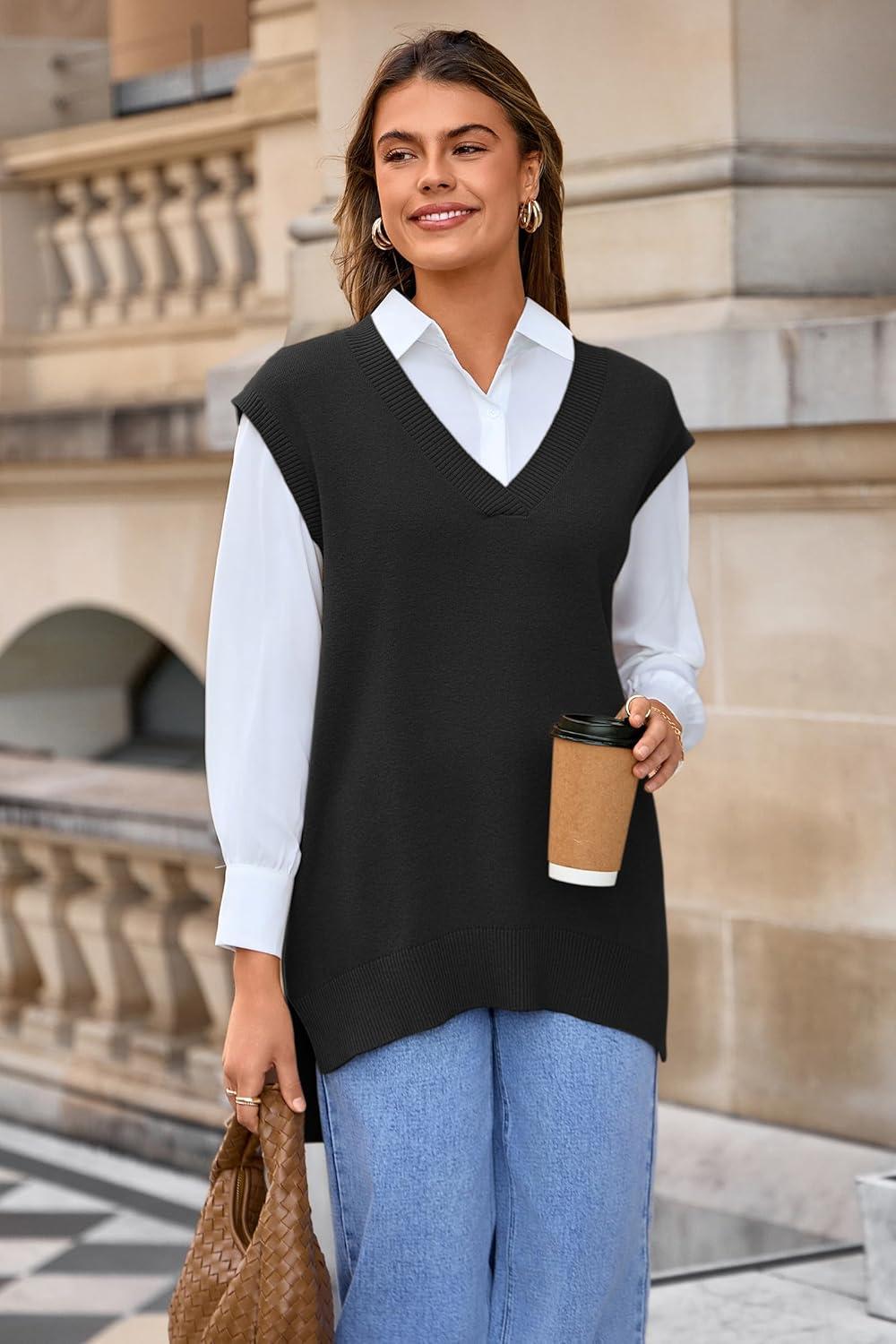 image:imageArachampCloz Womens Wool Blend Side Slit High Low Versatile V Neck Fall Sweater Vests 2025Black