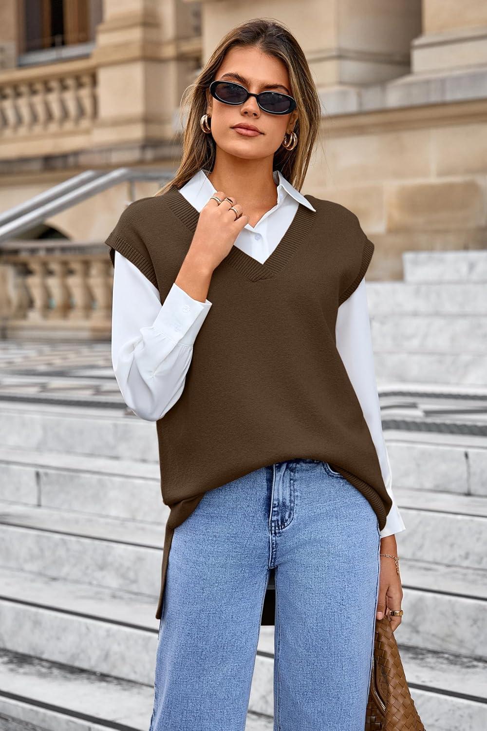 image:imageArachampCloz Womens Wool Blend Side Slit High Low Versatile V Neck Fall Sweater Vests 2025Brown