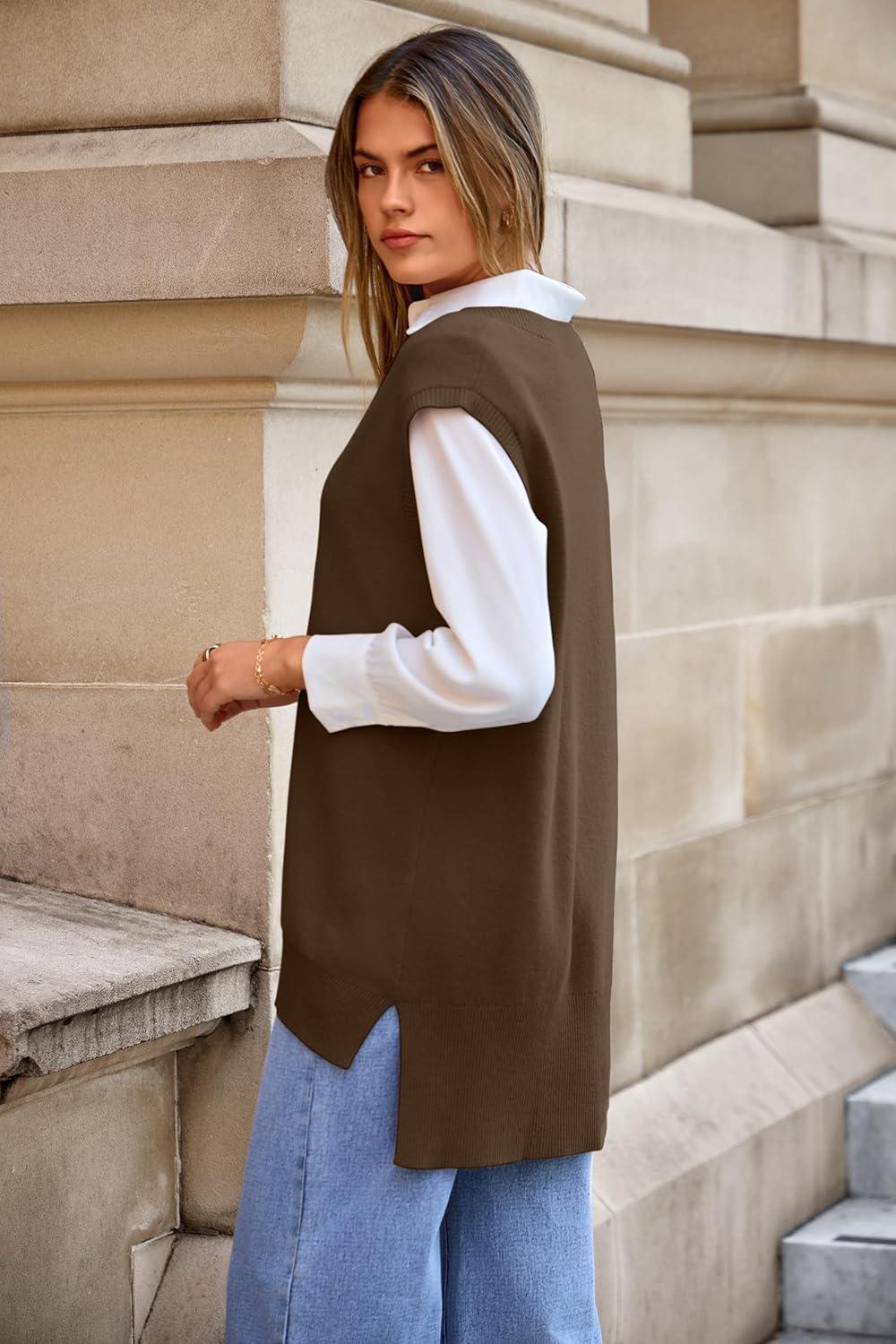 image:imageArachampCloz Womens Wool Blend Side Slit High Low Versatile V Neck Fall Sweater Vests 2025Brown