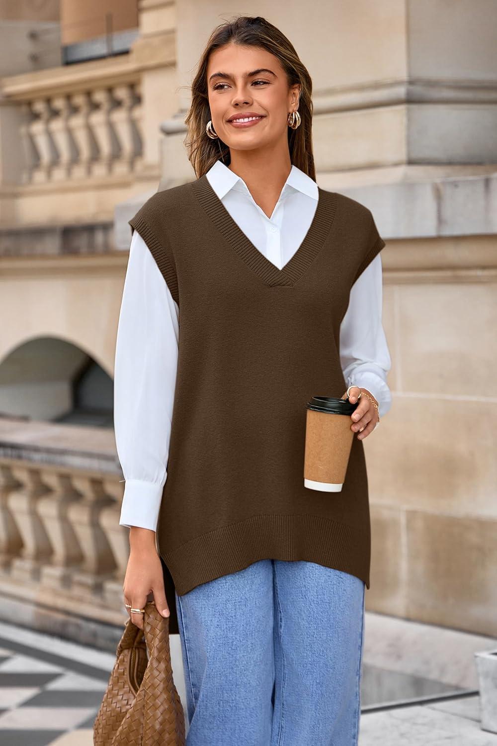 image:imageArachampCloz Womens Wool Blend Side Slit High Low Versatile V Neck Fall Sweater Vests 2025Brown