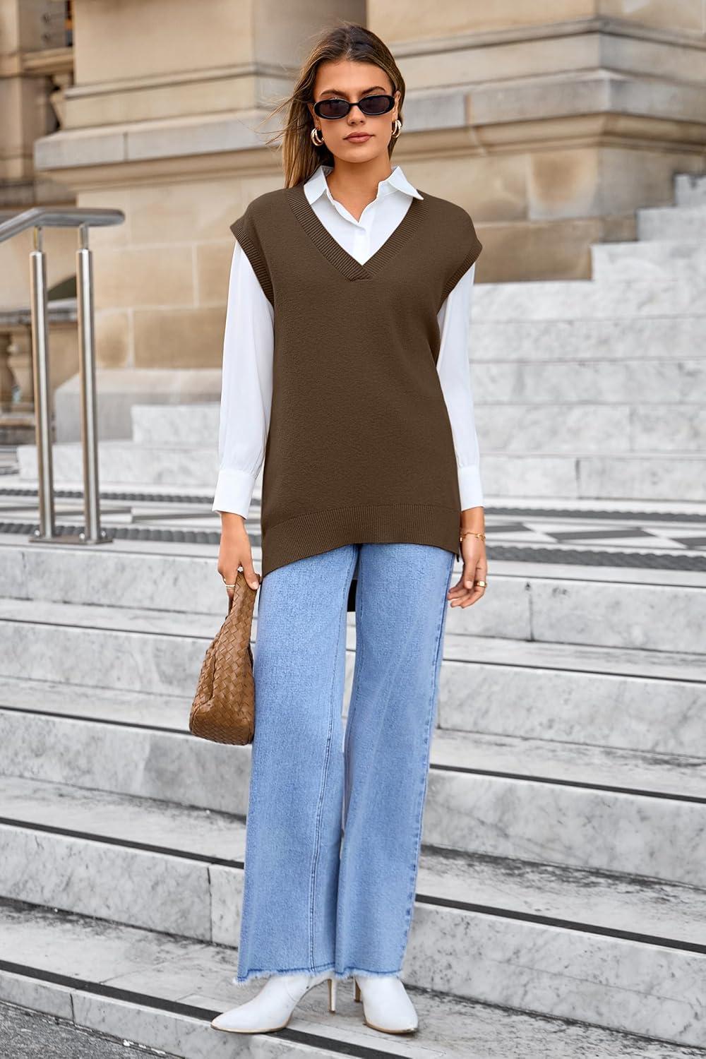 image:imageArachampCloz Womens Wool Blend Side Slit High Low Versatile V Neck Fall Sweater Vests 2025Brown