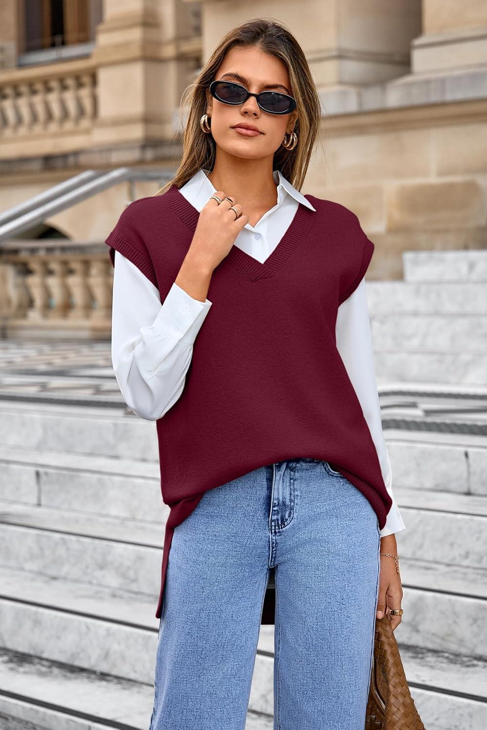 image:imageArachampCloz Womens Wool Blend Side Slit High Low Versatile V Neck Fall Sweater Vests 2025Dark Red