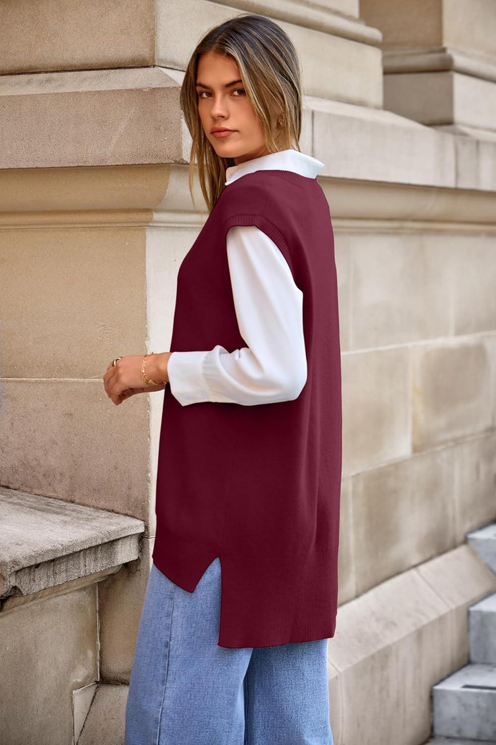 image:imageArachampCloz Womens Wool Blend Side Slit High Low Versatile V Neck Fall Sweater Vests 2025Dark Red