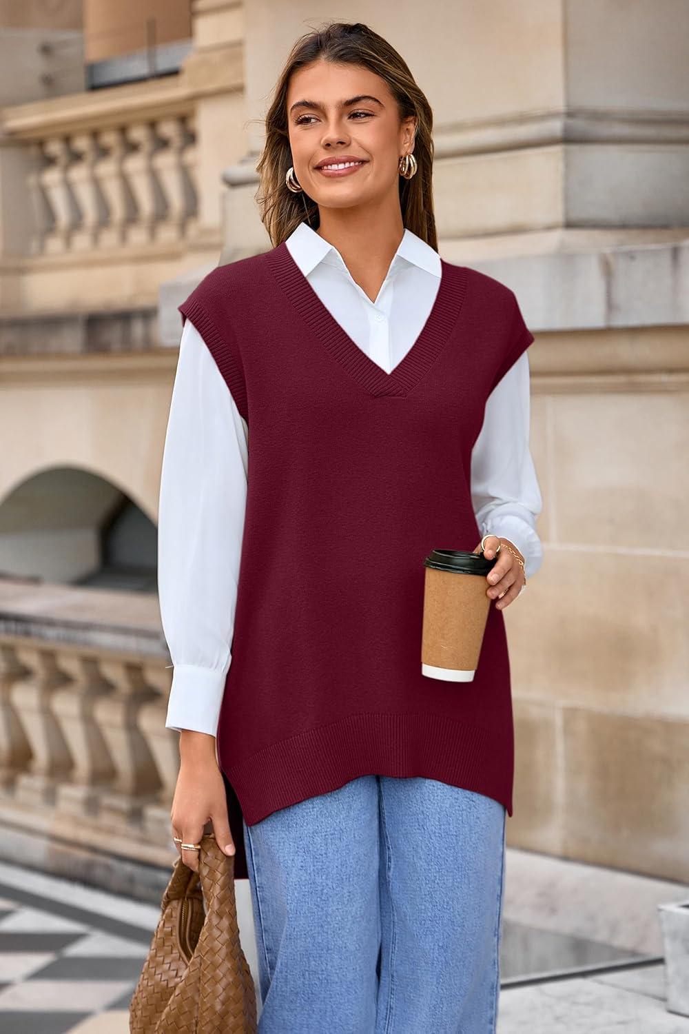 image:imageArachampCloz Womens Wool Blend Side Slit High Low Versatile V Neck Fall Sweater Vests 2025Dark Red