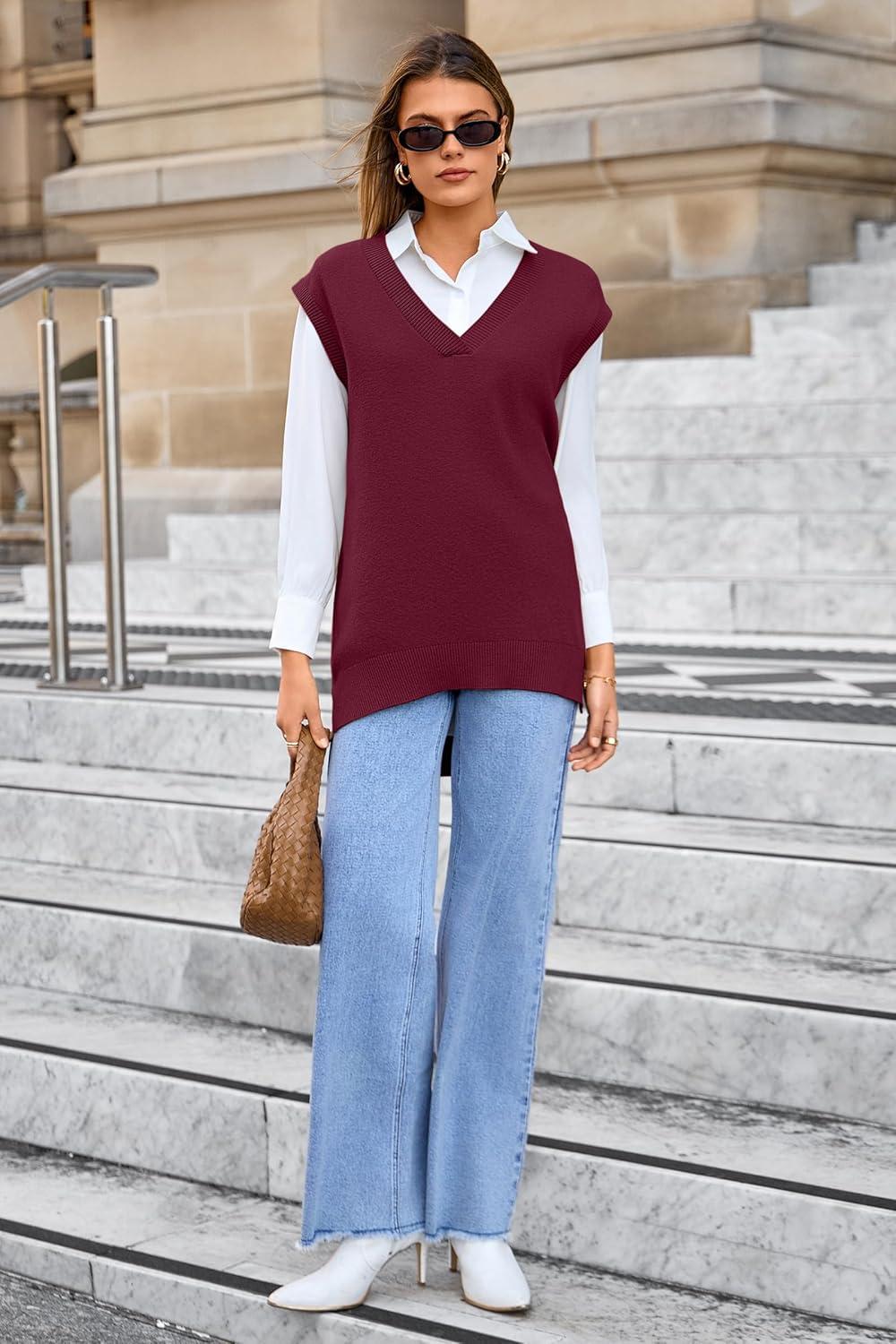 image:imageArachampCloz Womens Wool Blend Side Slit High Low Versatile V Neck Fall Sweater Vests 2025Dark Red