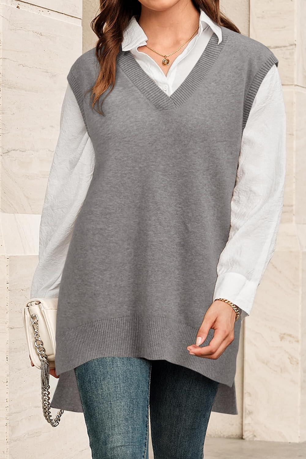 image:imageArachampCloz Womens Wool Blend Side Slit High Low Versatile V Neck Fall Sweater Vests 2025Grey
