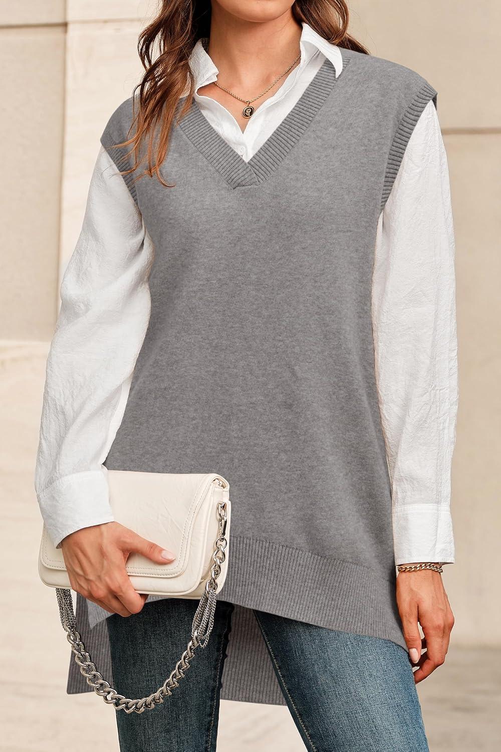 image:imageArachampCloz Womens Wool Blend Side Slit High Low Versatile V Neck Fall Sweater Vests 2025Grey