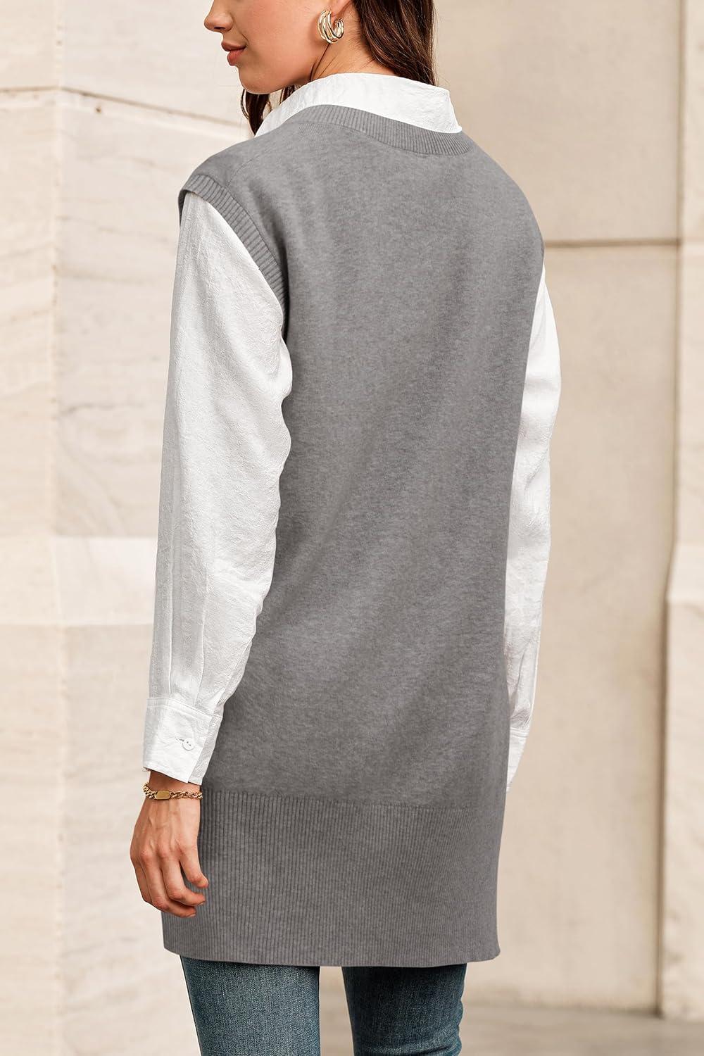 image:imageArachampCloz Womens Wool Blend Side Slit High Low Versatile V Neck Fall Sweater Vests 2025Grey