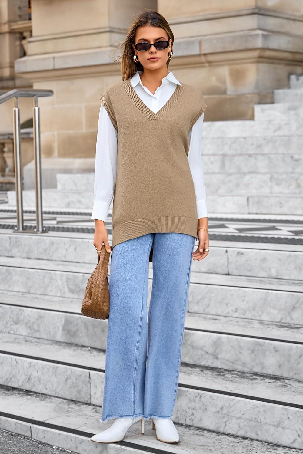 image:imageArachampCloz Womens Wool Blend Side Slit High Low Versatile V Neck Fall Sweater Vests 2025Khaki