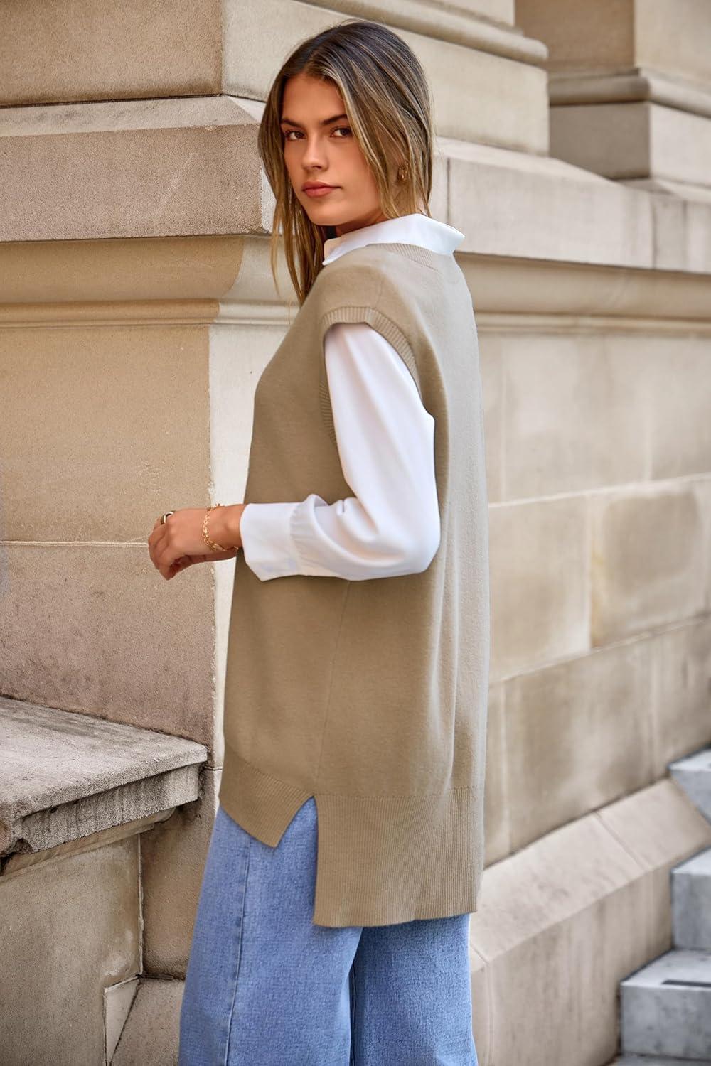 image:imageArachampCloz Womens Wool Blend Side Slit High Low Versatile V Neck Fall Sweater Vests 2025Khaki