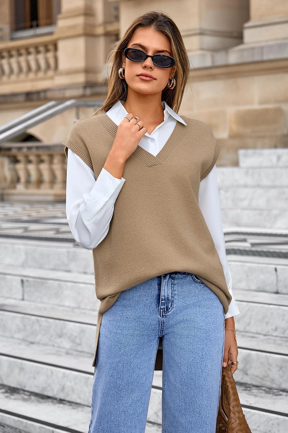 image:imageArachampCloz Womens Wool Blend Side Slit High Low Versatile V Neck Fall Sweater Vests 2025Khaki