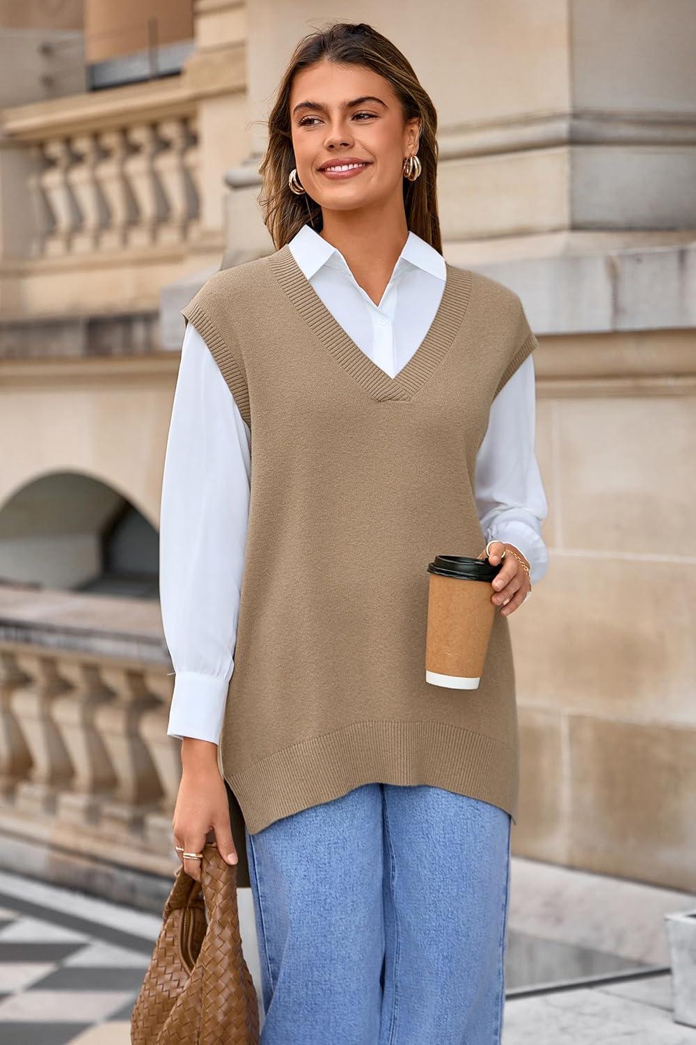 image:imageArachampCloz Womens Wool Blend Side Slit High Low Versatile V Neck Fall Sweater Vests 2025Khaki