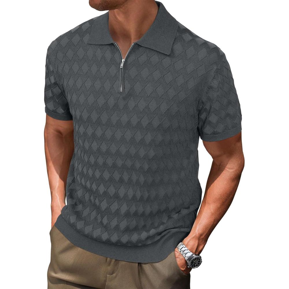 image:imageArachampCloz Mens Zipper Polo 3D Texture Shirts 2025 Spring Summer Fashion Knit Golf Tops Short Sleeve Dress ClothesDark Grey