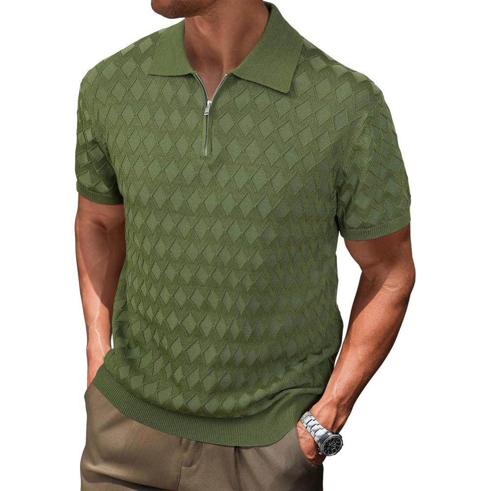 image:imageArachampCloz Mens Zipper Polo 3D Texture Shirts 2025 Spring Summer Fashion Knit Golf Tops Short Sleeve Dress ClothesLucky Green