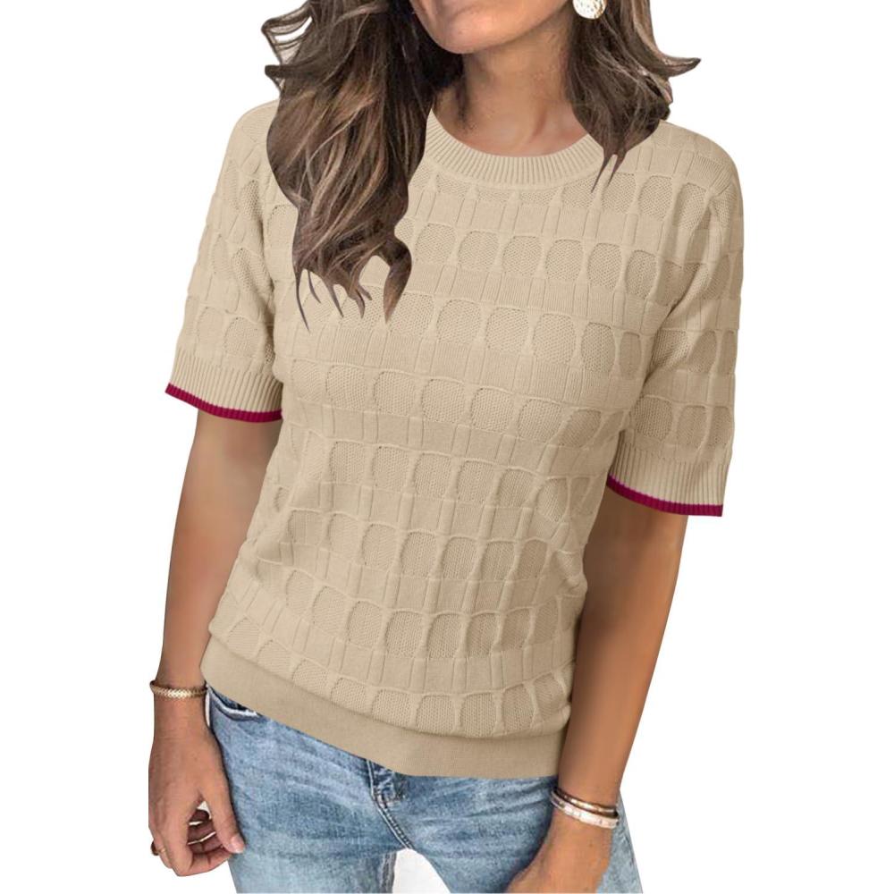 image:imageArachampCloz Womens Lightweight Blouse Short Sleeve Crew Neck Sweaters Business Casual Tops Spring Summer Outfits 2026Apricot and Dark Red