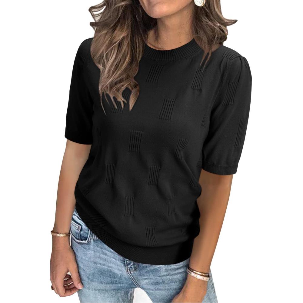 image:imageArachampCloz Womens Lightweight Blouse Short Sleeve Crew Neck Sweaters Business Casual Tops Spring Summer Outfits 2026Black