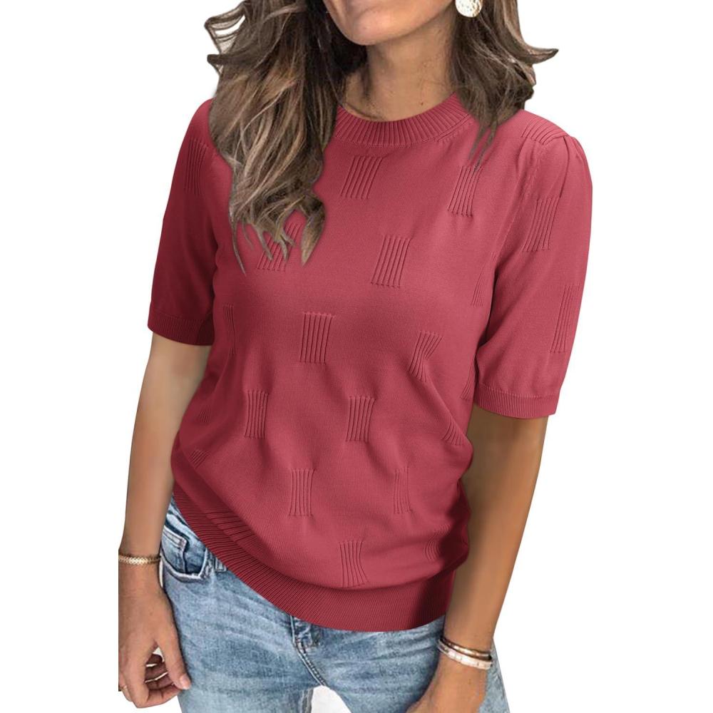 image:imageArachampCloz Womens Lightweight Blouse Short Sleeve Crew Neck Sweaters Business Casual Tops Spring Summer Outfits 2026Dusty Red